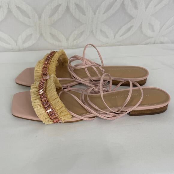 Anthropologie Embellished Tie Up Pink/Rose Raffia Square Toe Sandals New in Box - Picture 9 of 12